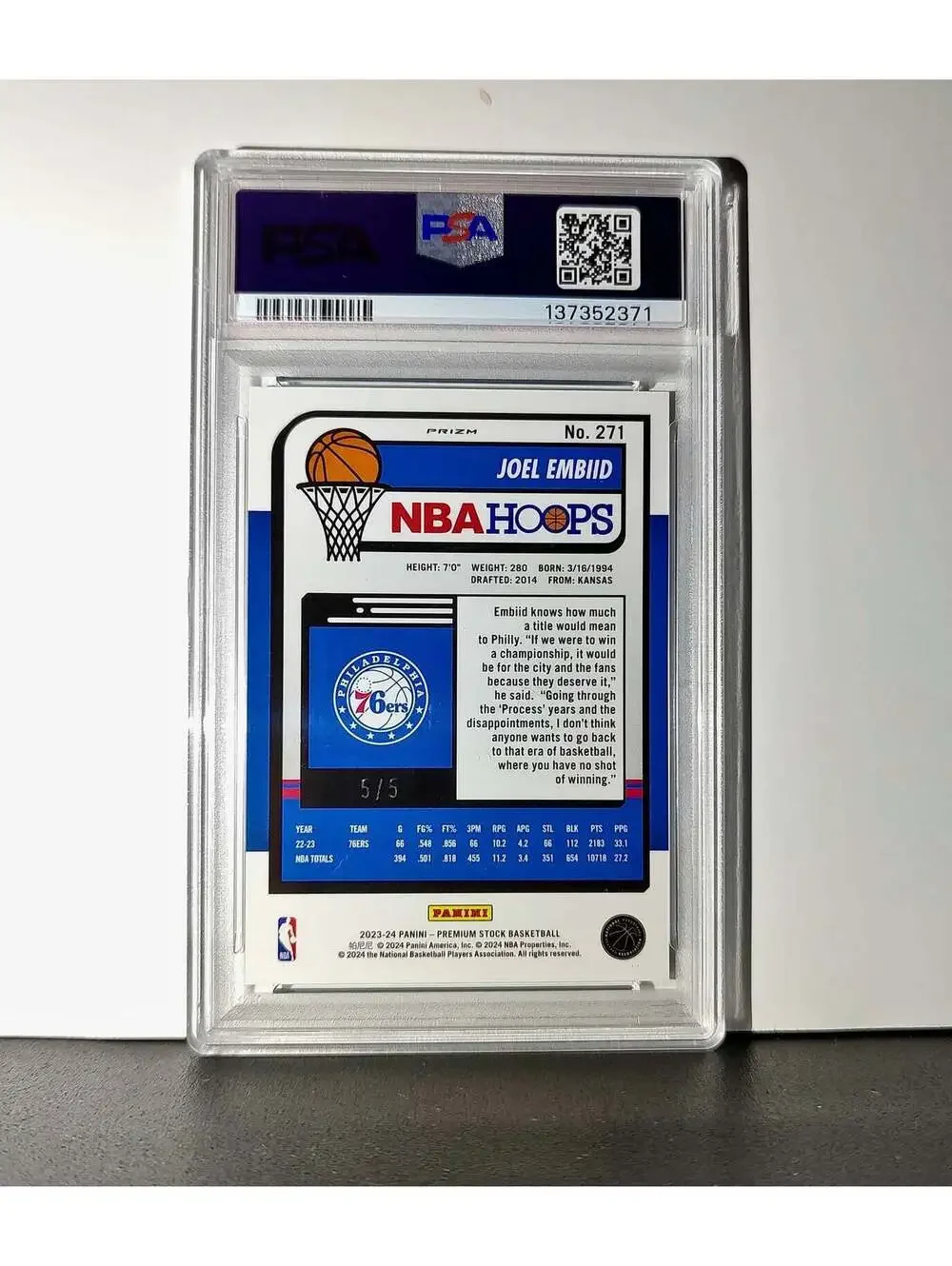 Joel Embiid 2023 Panini Hoops Premium #271 5/5 Green Disco Prizm PSA 9 Mint